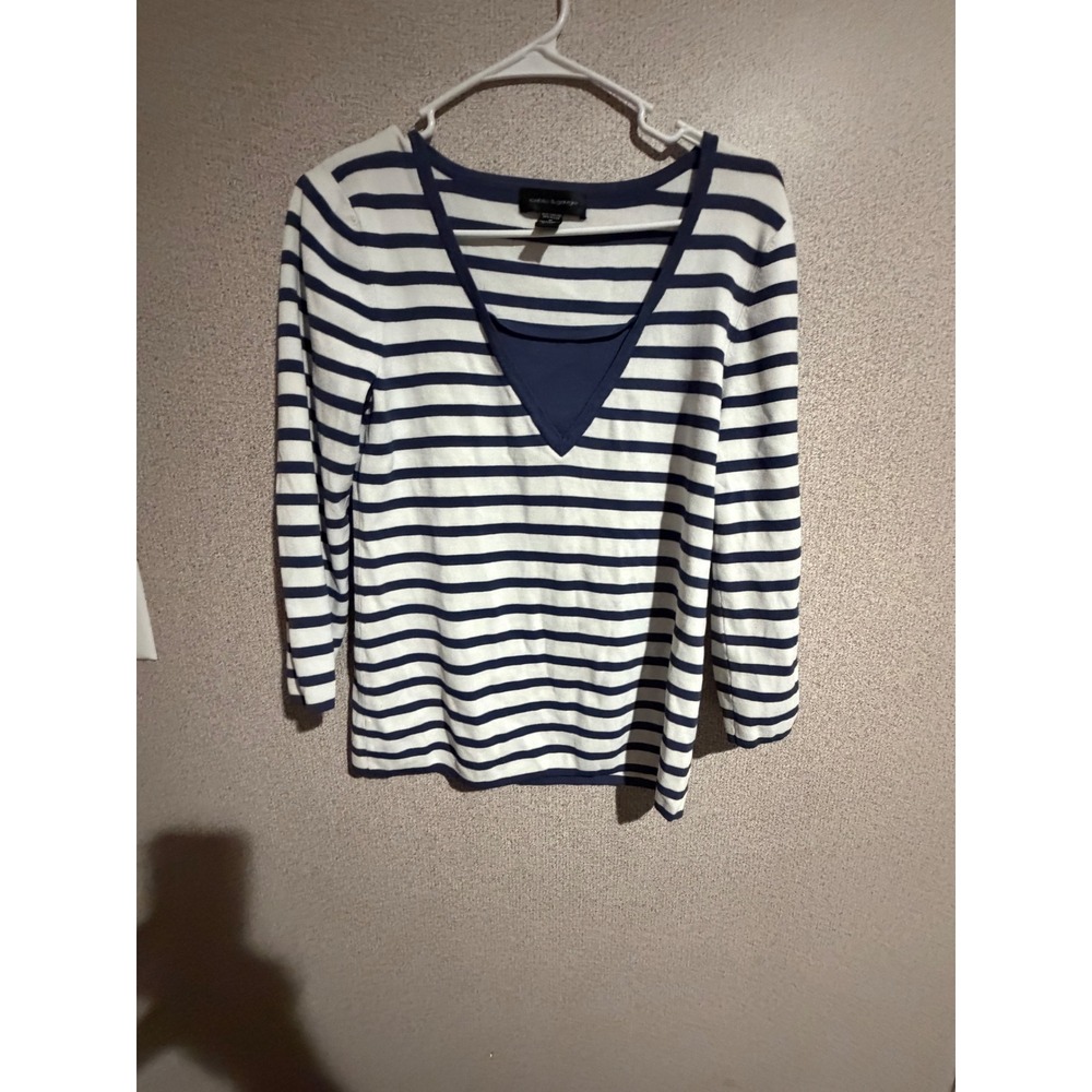 Cable & Gauge Womens Navy White Striped V-Neck Knit Sweater Top Size M
